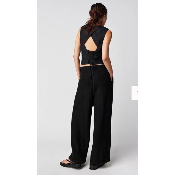 Free People LYLA 100% Linen Trousers 12 Wide Leg Pleated Pintuck Capsule NWT - Picture 2 of 15